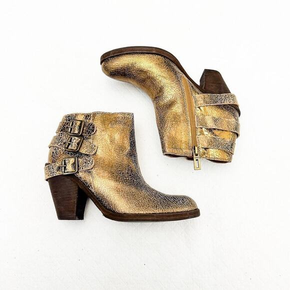 Schutz Cracked Gold Metallic Craquele Ouro Motorcycle Ankle Boots Size 6 NWT - Picture 6 of 8